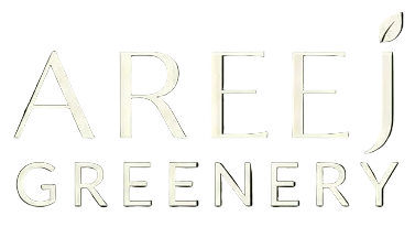Four variations of Areej Greenery logo on different backgrounds
